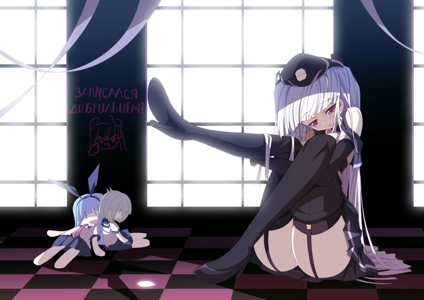 1girl black_legwear blue_hair boots caricature checkered checkered_floor copyright_request doll garter_straps hallway hat highres knees_on_chest legs panties pantsu pink_panties red_eyes russian stockings thigh_boots thighhighs torisan translated underwear window