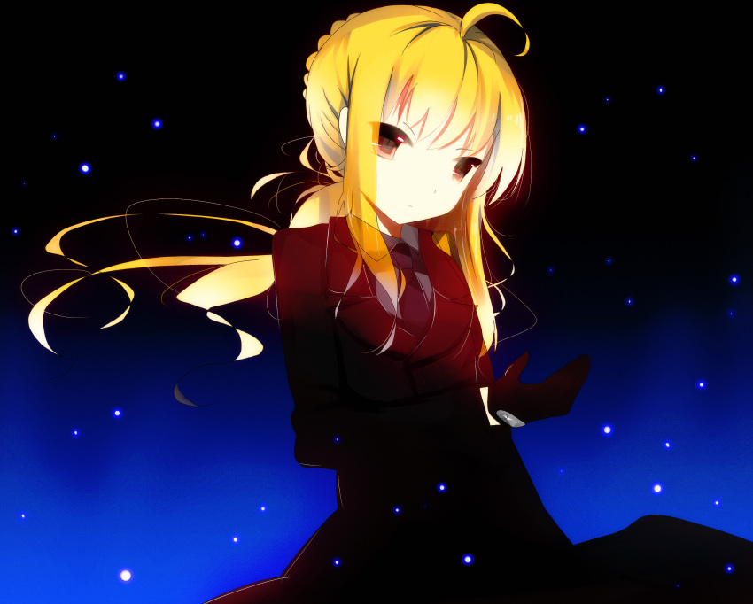 absurdres ahoge bad_id black_gloves blonde_hair brown_eyes fate/stay_night fate/zero fate_(series) formal gloves highres long_hair necktie pant_suit ponytail saber senya_fuurin solo suit