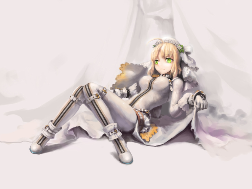 belt blonde_hair erect_nipples fate/extra fate/extra_ccc fate/stay_night fate_(series) gloves green_eyes lying saber_bride saber_extra sheepspear white