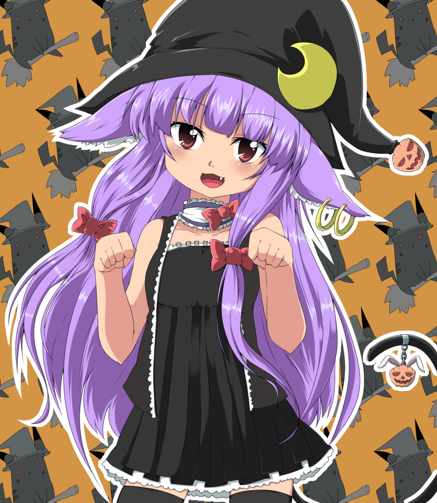 animal_ears bare_shoulders black_legwear bow cat_ears cat_pose cat_tail crescent earrings fang hair_bow halloween hat highres jack-o'-lantern jewelry long_hair noa_(nagareboshi) noa_(nicovideo3269329) open_mouth patchouli_knowledge paw_pose pikachu pokemon pumpkin purple_hair red_eyes simple_background solo tail thigh-highs thighhighs touhou very_long_hair witch_hat