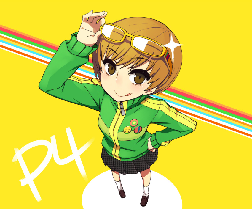 1girl :&gt; :q adjusting_glasses blush brown_eyes brown_hair chan_co foreshortening from_above glasses glasses_on_head hand_on_hip hips houndstooth loafers looking_at_viewer looking_up persona persona_4 pleated_skirt satonaka_chie shoes short_hair skirt solo sparkle standing tongue track_jacket yellow-framed_glasses