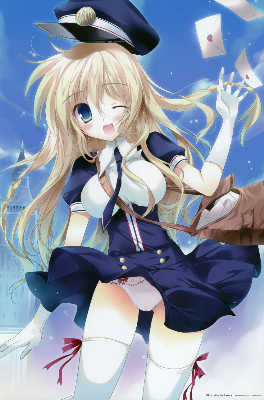 1girl absurdres blonde_hair blue_eyes blush bow bow_panties braid breasts gloves hat highres huge_filesize karory large_breasts letter long_hair looking_at_viewer mail open_mouth original panties sky smile solo thigh-highs thighhighs underwear upskirt white_legwear white_panties wind_lift wink