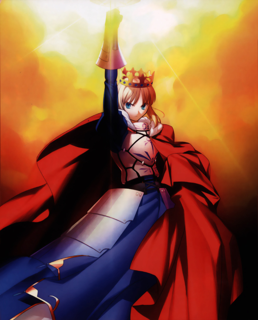 armor armored_dress blonde_hair cape crown dress excalibur fate/stay_night fate_(series) faulds gauntlets green_eyes highres saber scan solo sword takeuchi_takashi type-moon weapon