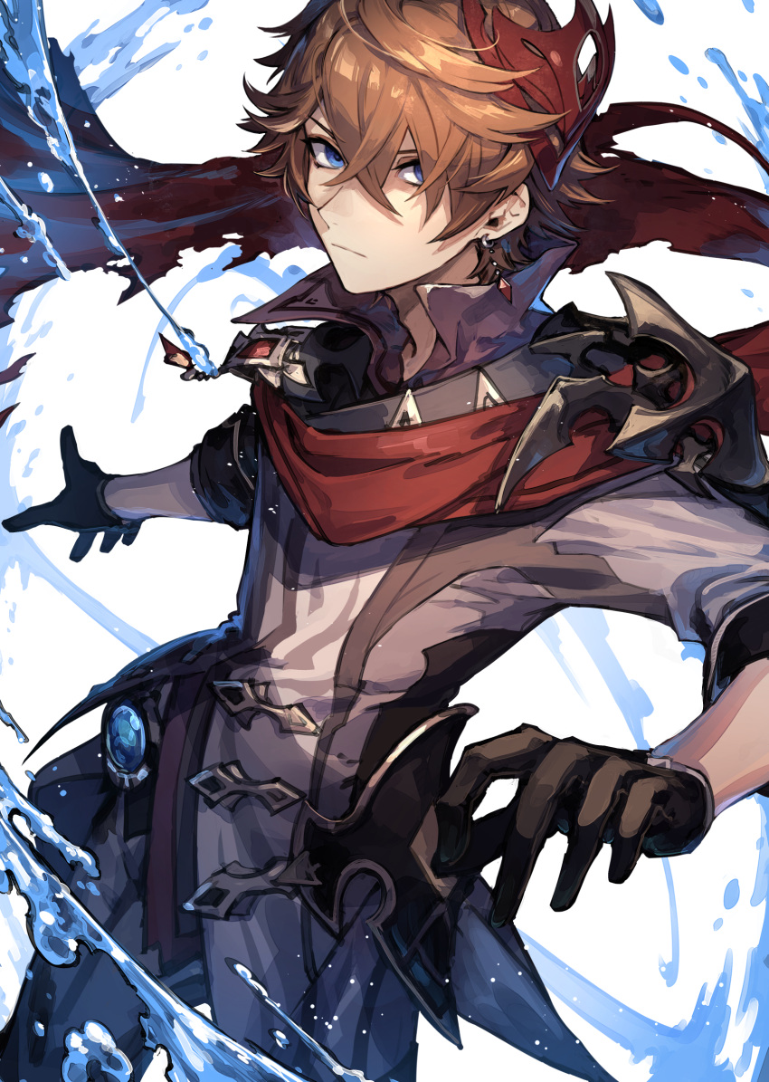 1boy bangs black_gloves blue_eyes brown_hair closed_mouth crossed_bangs genshin_impact gloves hair_between_eyes highres jacket jewelry looking_at_viewer male_focus mask mask_on_head mephist pants red_scarf scarf simple_background single_earring solo tartaglia_(genshin_impact) vision_(genshin_impact) water white_background