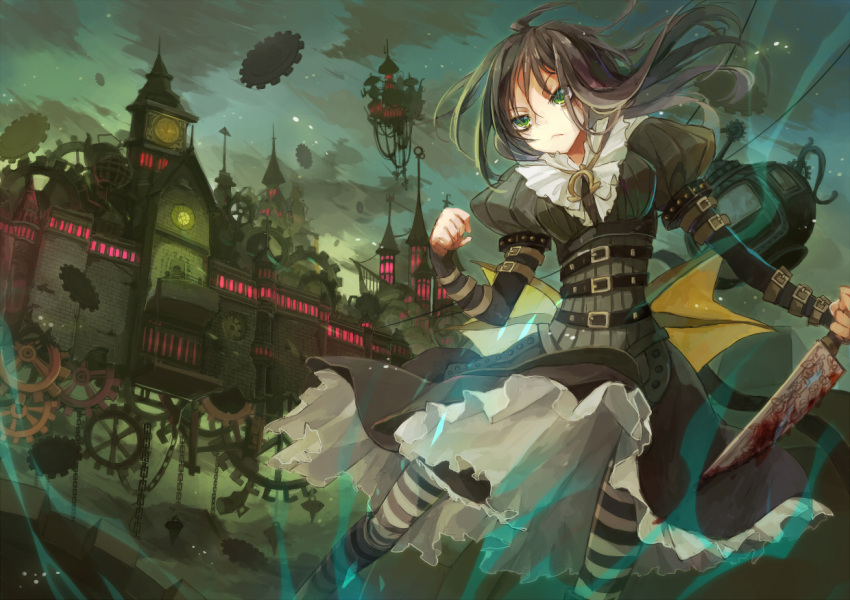 alice alice_(wonderland) alice_in_wonderland american_mcgee's_alice american_mcgee's_alice belt blood buckle castle evening floating gears green_eyes hime03 knife pantyhose sky solo striped striped_legwear twilight weapon