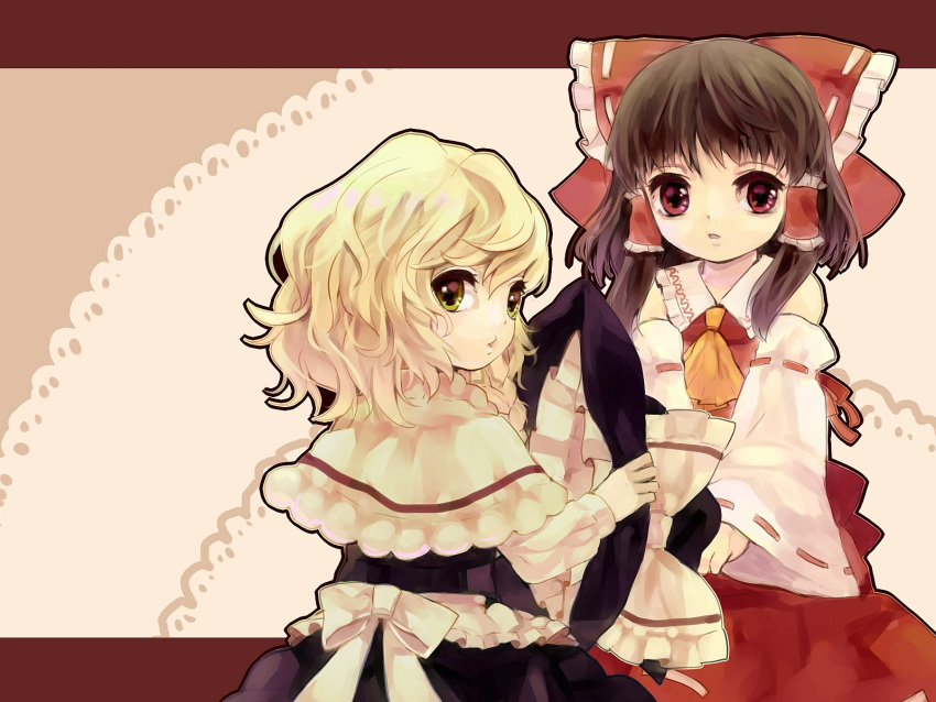 amaama ascot bad_id black_dress blonde_hair bow braid brown_hair capelet detached_sleeves dress green_eyes hair_bow hair_tubes hakurei_reimu hat hat_removed headwear_removed highres kirisame_marisa letterboxed miko multiple_girls open_mouth red_dress red_eyes touhou witch witch_hat