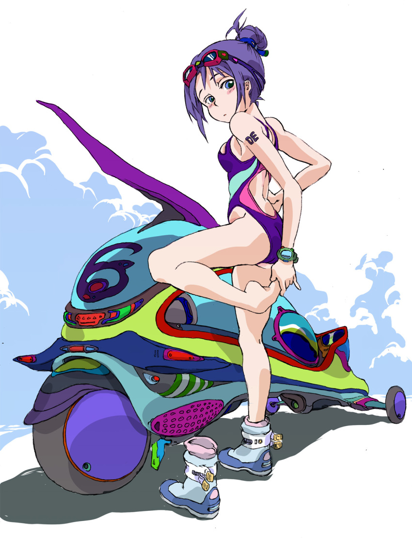 ankle_boots aoi_zero bad_anatomy barefoot blue_eyes boots competition_swimsuit goggles goggles_on_head hair_bun highres looking_back motor_vehicle motorcycle one-piece_swimsuit original purple_hair single_shoe solo standing_on_one_leg stretch swimsuit vehicle watch