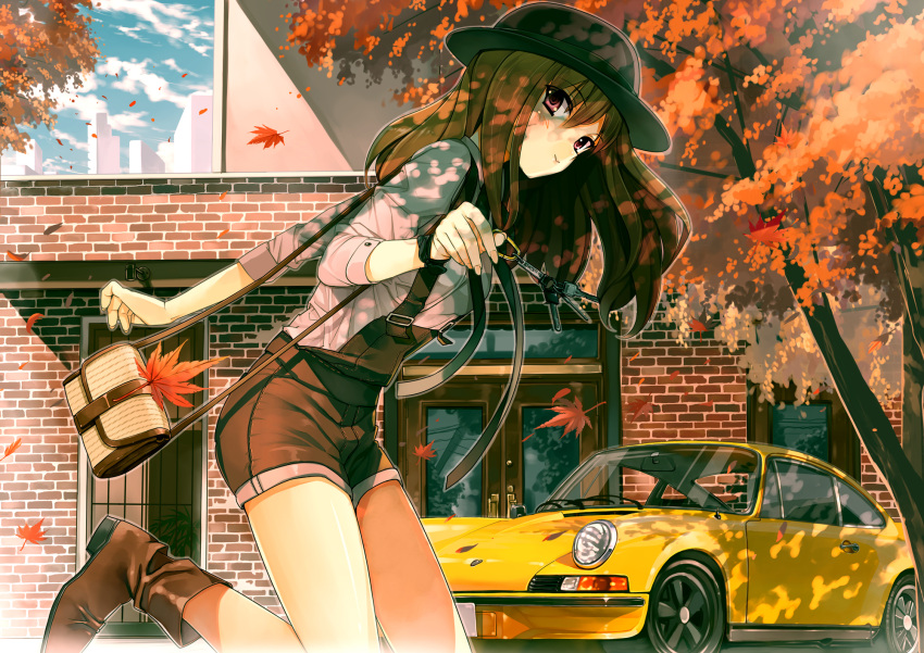 bag boots brown_hair car city hat highres key leaf leaves long_hair matsui_hiroaki motor_vehicle original overalls porsche porsche_911 purple_eyes shorts sleeves_pushed_up solo touhou usami_renko vehicle