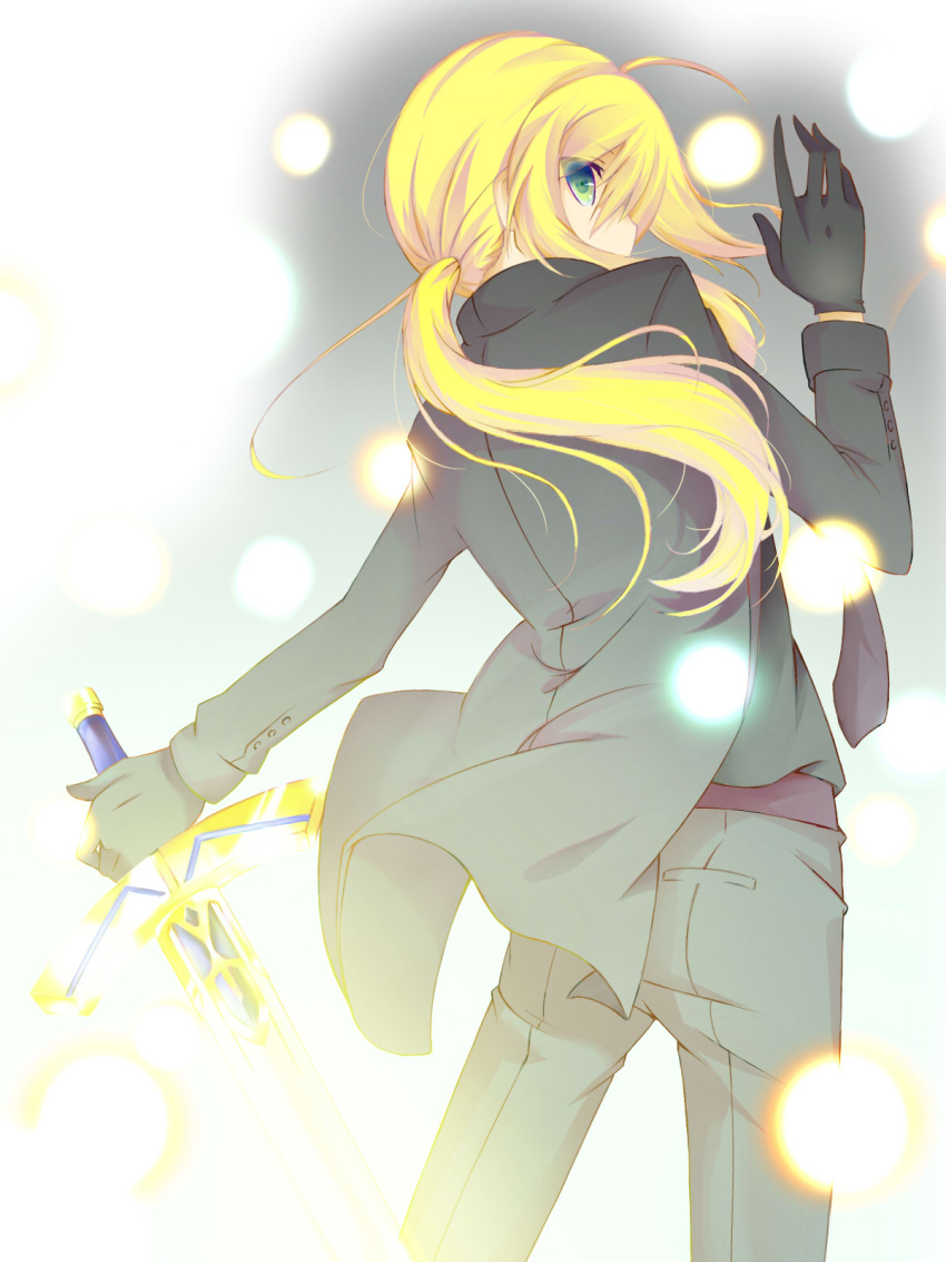 ahoge bad_id black_gloves blonde_hair excalibur fate/stay_night fate/zero fate_(series) formal from_behind gloves green_eyes highres pant_suit ponytail rare saber solo suit sword weapon