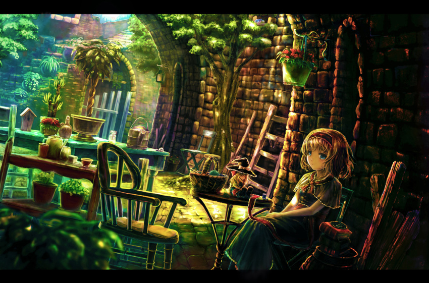 alice_margatroid basket blonde_hair blue_eyes candlestick capelet chair flower hairband hat ladder lantern nature pot scenery shanghai shanghai_doll short_hair sitting solo table touhou tree watering_can witch_hat yoshitake