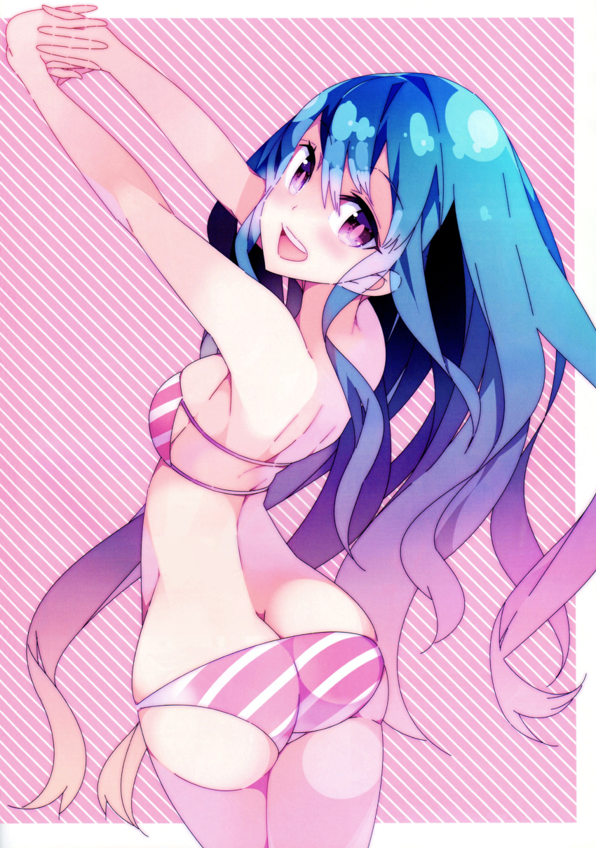 1girl :d absurdres ass bare_shoulders bikini blue_hair breasts cowboy_shot from_behind haruse_hiroki highres long_hair looking_back open_mouth scan sideboob smile solo striped striped_bikini striped_swimsuit swimsuit very_long_hair violet_eyes