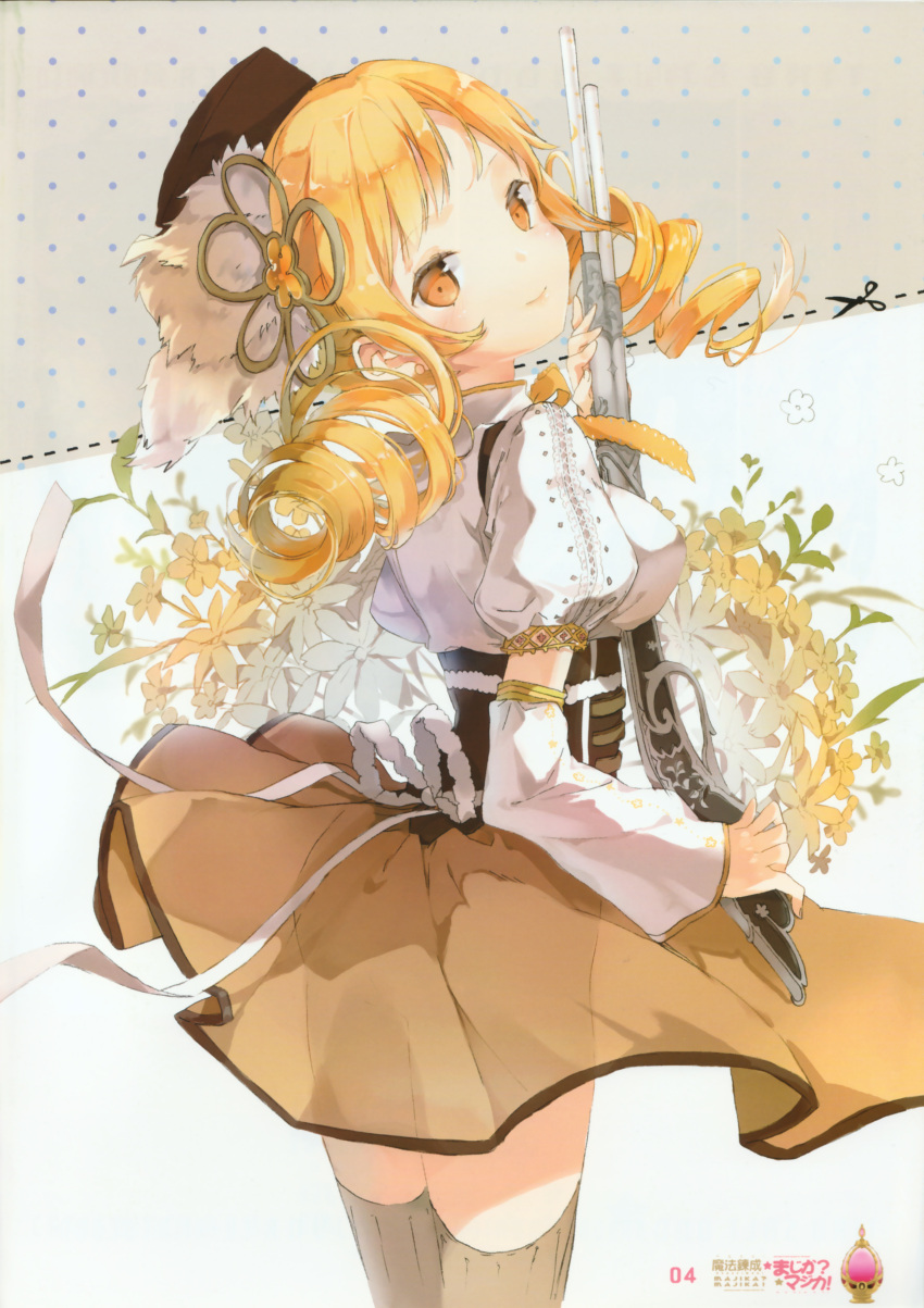 absurdres anmi beret blonde_hair detached_sleeves drill_hair flower gun hat highres looking_at_viewer looking_back magical_musket mahou_shoujo_madoka_magica puffy_sleeves solo thigh-highs thighhighs tomoe_mami weapon yellow_eyes