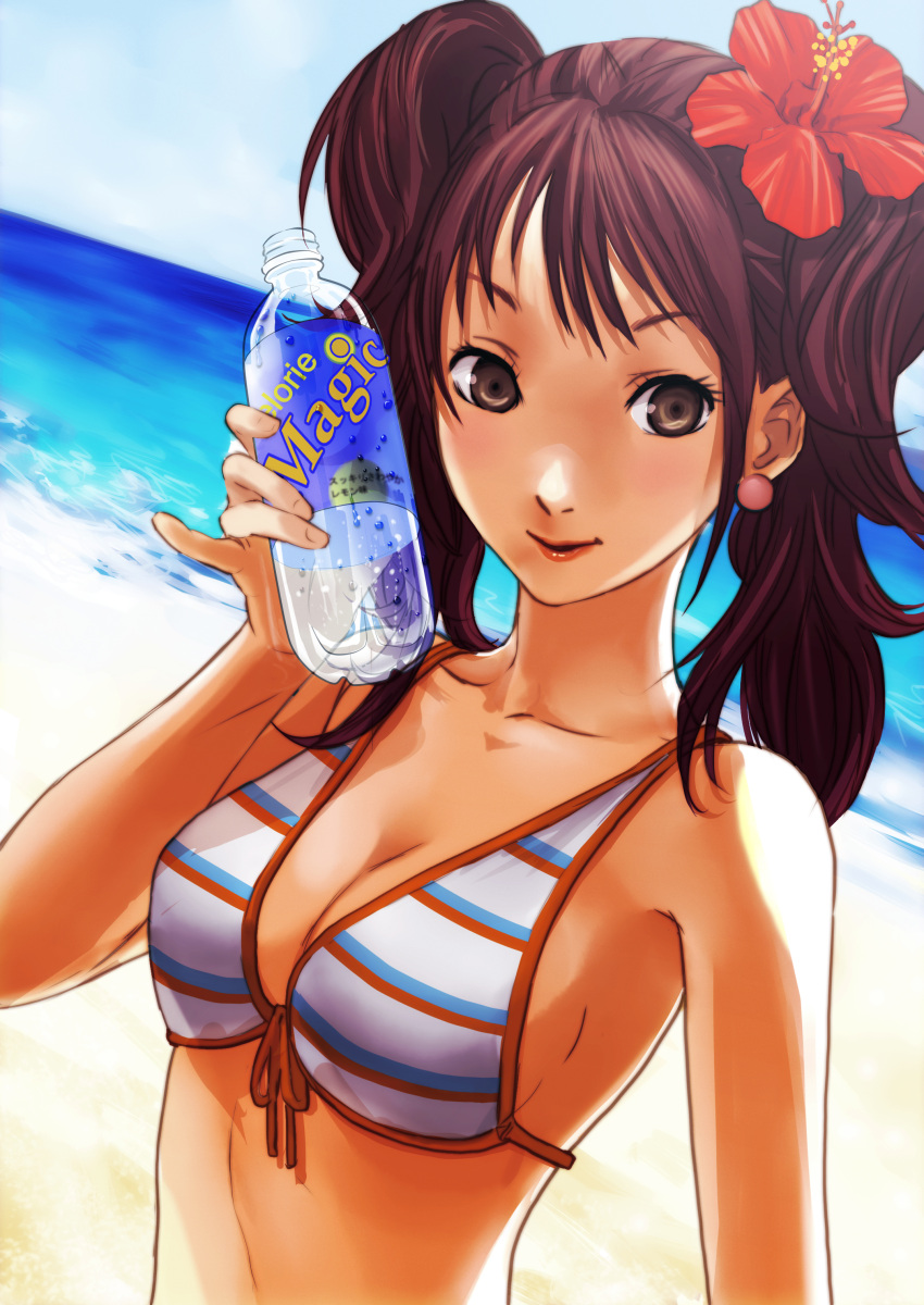 absurdres bare_shoulders beach bikini bikini_top bottle breasts brown_eyes bust cleavage dutch_angle earrings flower front-tie_top hair_flower hair_ornament hibiscus highres jewelry kujikawa_rise lipstick long_hair makeup nukadzuke ocean persona persona_4 pinky_out red_hair redhead smile solo striped striped_bikini striped_swimsuit swimsuit twintails water