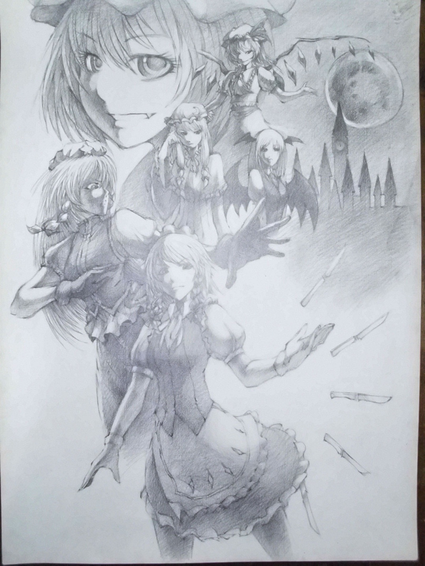 castle face flandre_scarlet floating_object full_moon ghost_(gost8643) gloves graphite_(medium) highres hong_meiling izayoi_sakuya knife koakuma monochrome moon multiple_girls patchouli_knowledge photo remilia_scarlet the_embodiment_of_scarlet_devil throwing_knife touhou traditional_media weapon wings