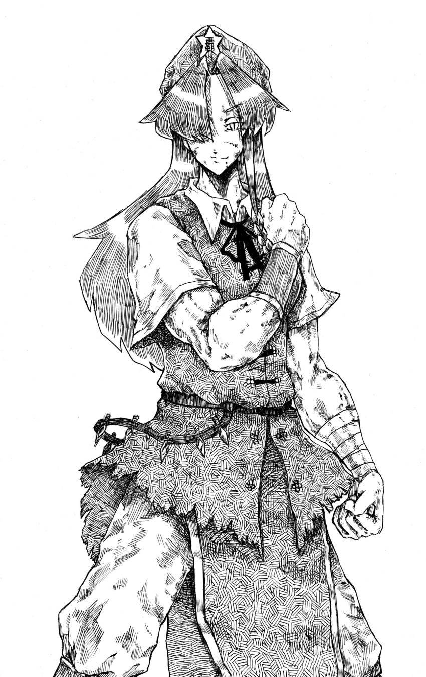 absurdres bandage bandaged bandages beret blood clenched_hands dirty ex-meiling fist flat_gaze hair_over_one_eye hand_on_own_shoulder hand_on_shoulder hat highres hong_meiling injury long_hair millipen_(medium) monochrome muscle pants short_sleeves slit_pupils solo touhou traditional_media whiterock_chilly