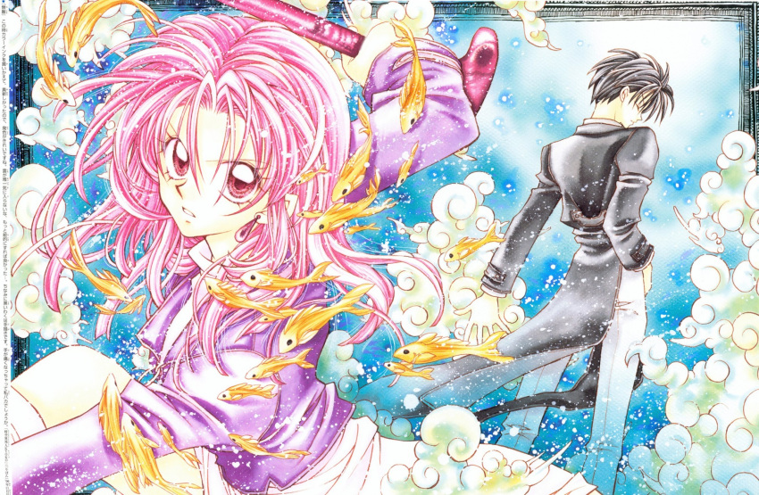 1girl 90s alternate_hair_color artbook black_hair closed_eyes commentary earrings eyes_closed fish foam from_behind highres jacket jewelry jin_sakataki looking_at_viewer official_art pink_eyes pink_hair pointy_ears serious suomi_kyouko tanemura_arina time_stranger_kyoko traditional_media wand