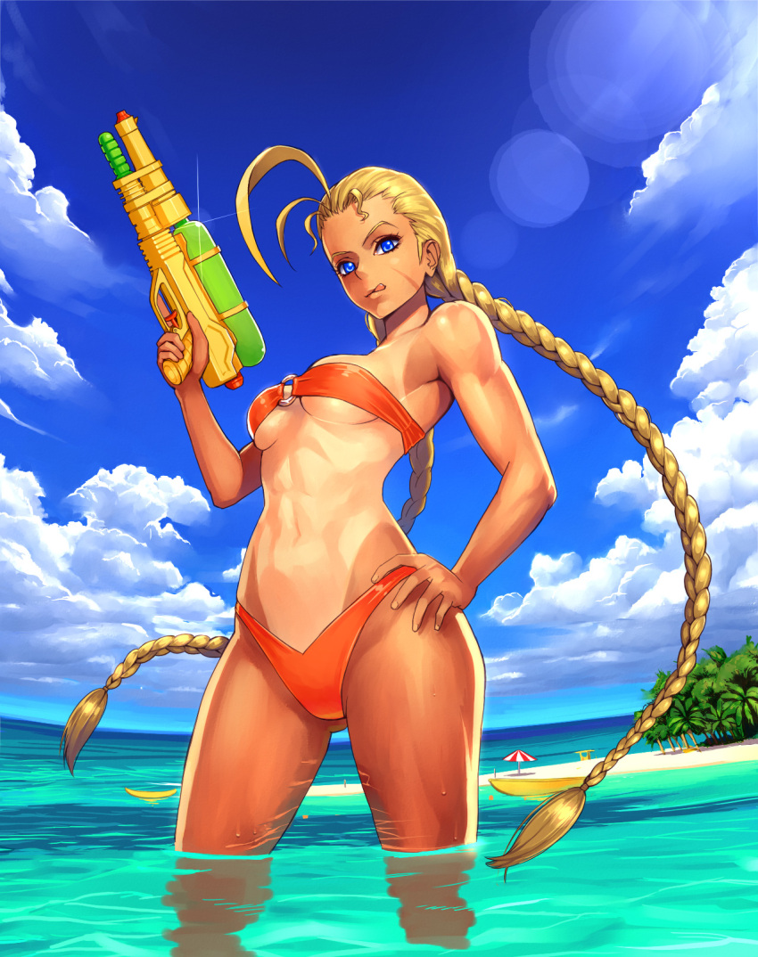 1girl :q abs ahoge blonde_hair blue_eyes braid breasts cammy_white clouds hand_on_hip highres long_hair ogami solo street_fighter super_soaker tan tanline toned tongue twin_braids umbrella very_long_hair water water_gun