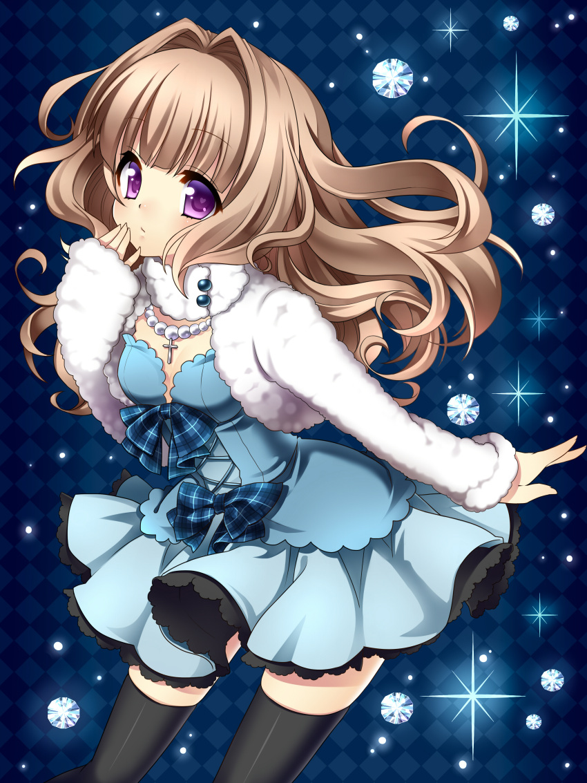 1girl absurdres black_legwear blue bow breasts brown_hair character_request cleavage coat copyright_request cross diamond dress fur_trim gem hair_intakes hand_on_own_face highres jacket jewelry long_hair masaru.jp necklace pearl plaid purple_eyes ribbon solo source_request sparkle thigh-highs thighhighs