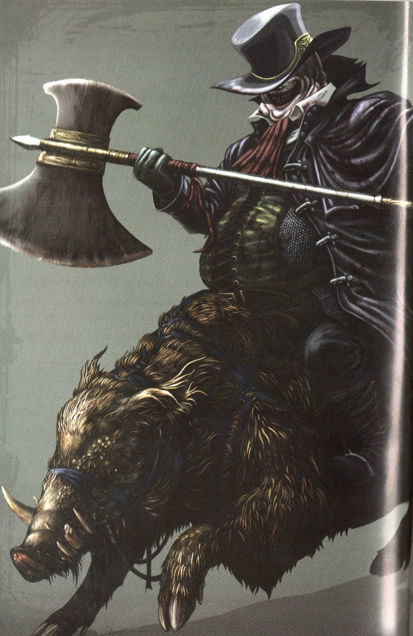 axe boar dark_souls grin hat highres smile weapon