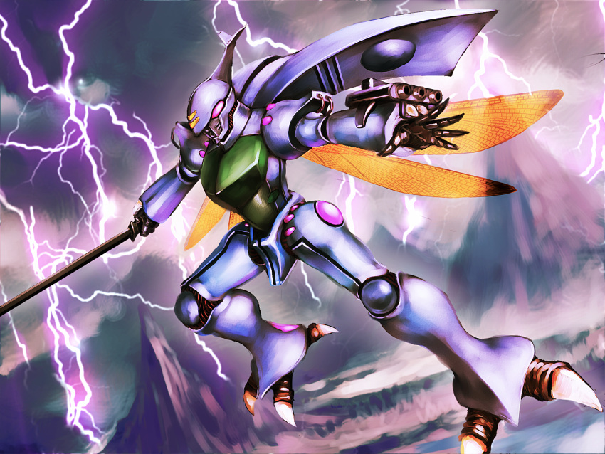 aura_battler_dunbine dunbine highres insect_wings lightning mecha no_humans oldschool seisenshi_dunbine sword thunder weapon wings yusao