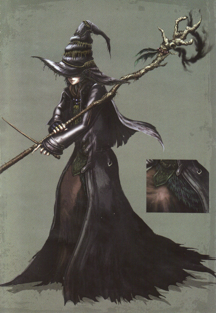 dark_souls dress feathers fingernails hat highres long_fingernails smile staff witch witch_beatrice witch_hat