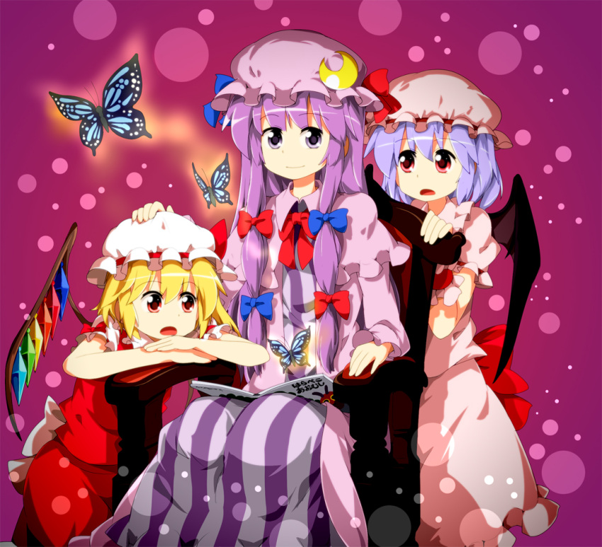 ascot bat_wings blonde_hair book bow butterfly chair chin_rest flandre_scarlet hair_bow hand_on_hat hand_on_head hat long_hair open_mouth patchouli_knowledge petting purple_eyes purple_hair reading red_eyes remilia_scarlet sitting smile the_very_hungry_caterpillar touhou tsurukou_(tksymkw) violet_eyes wings