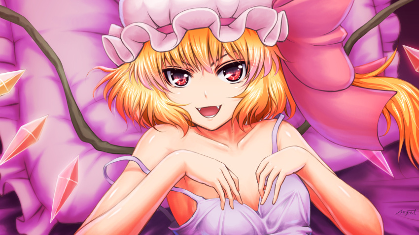 ascot blonde_hair dress fangs flandre_scarlet hands_on_own_chest hands_to_chest hat hat_ribbon highres lying nazal nightgown off_shoulder on_back open_mouth pillow purple_dress red_eyes ribbon short_hair side_ponytail signature smile solo strap_slip the_embodiment_of_scarlet_devil touhou wings
