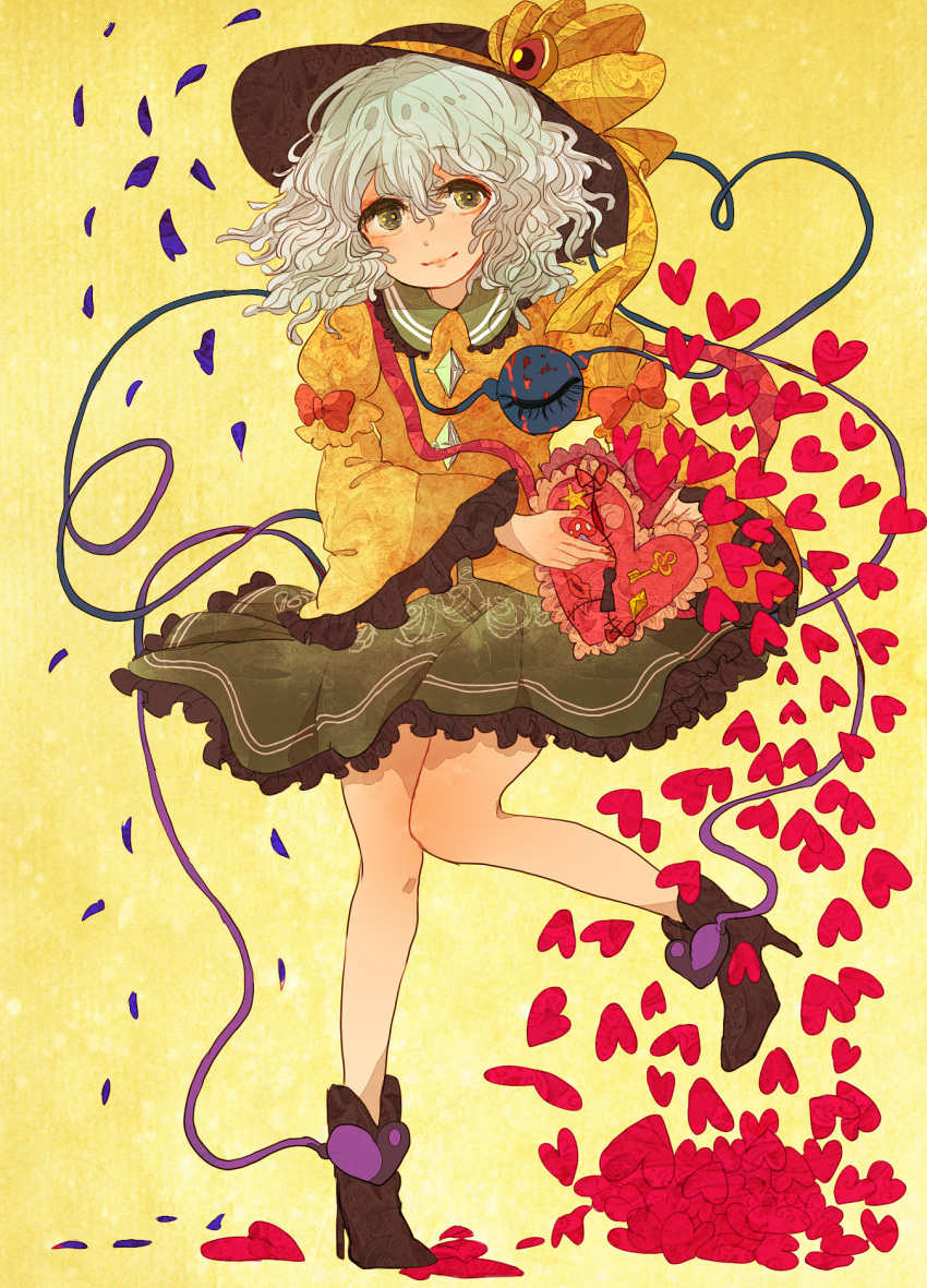 bag boots chiri_(o9o9) green_eyes grey_eyes handbag hat hat_ribbon heart high_heels highres key keyhole komeiji_koishi petals ribbon shirt shoes silver_hair skirt smile solo third_eye touhou