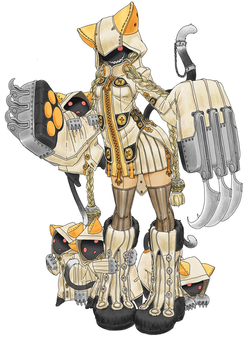 1girl alternate_breast_size alternate_costume animal_ears blazblue blonde_hair boots braid buttons cat_ears cat_tail chain claws fur_trim gloves hair_ornament halsort highres hooded_jacket kaka_kittens long_hair paw_gloves red_eyes sharp_teeth tail taokaka thigh-highs very_long_hair weapon zipper