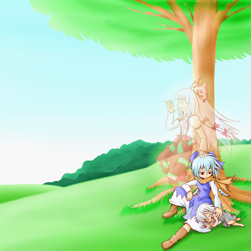 3girls artist_request blue_hair boots bow braid child cigarette cirno cirno-nee closed_eyes dress fujiwara_no_mokou ghost grassland green hair_bow hand_on_head head_patting highres hime_cut ice ice_wings illusion izayoi_sakuya izayoi_sakuya_(young) multiple_girls on_side outdoors pants petting scar scarf short_hair sitting sleeping smile suspenders touhou tree uzura-pc white_hair wings young