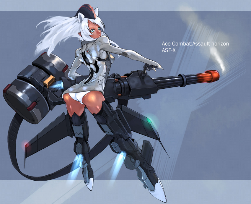 1girl ace_combat_assault_horizon animal_ears arched_back asf-x_shinden_ii ass belt_feed bigegg bodysuit dark_skin exhaust extra_ears flying from_behind garrison_cap green_eyes gun hat highres looking_at_viewer looking_back minigun panties peaked_cap personification pointy_ears solo steam weapon white_hair