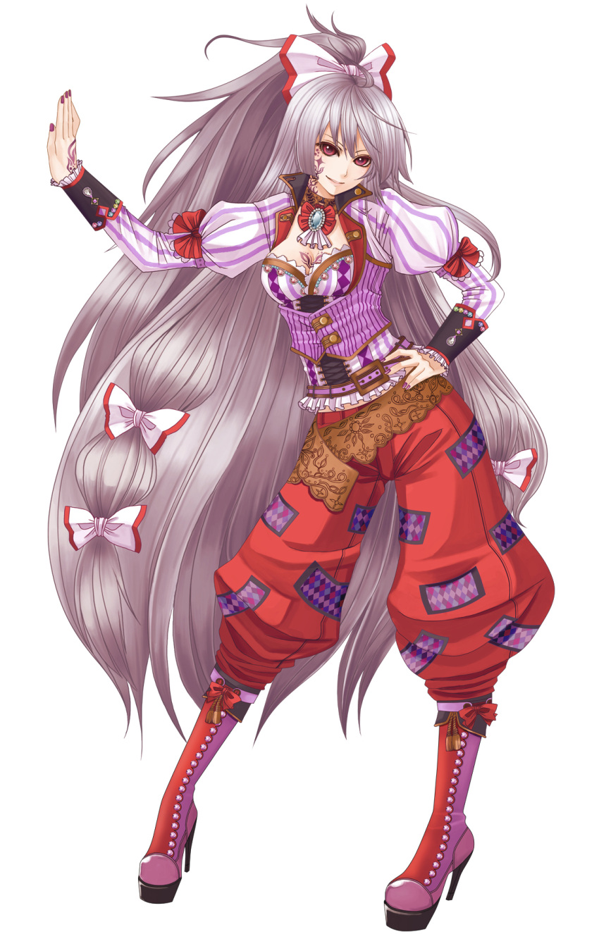 &gt;:) adapted_costume against_wall alternate_costume artist_request bad_id baggy_pants belt boots bow breasts cleavage corset facepaint fujiwara_no_mokou grey_hair hair_bow hand_on_hip high_heels highres hips juliet_sleeves legs long_hair long_sleeves looking_at_viewer nail_polish open_clothes open_shirt pants parted_lips platform_footwear ponytail puffy_shoulder_long_sleeves puffy_shoulders puffy_sleeves red_eyes shirt shoes silver_hair simple_background solo standing striped striped_shirt tattoo thigh_gap touhou very_long_hair white_background wrist_cuffs yuuka_nonoko