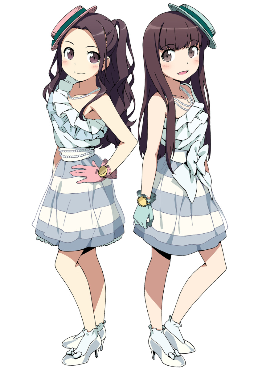 bare_shoulders brown_eyes brown_hair claris claris_(group) dress frills full_body gloves hand_on_hip hat high_heels highres hips jewelry kanzaki_hiro long_hair multiple_girls necklace official_art open_mouth ribbon shoes simple_background skirt smile standing striped striped_skirt white_background
