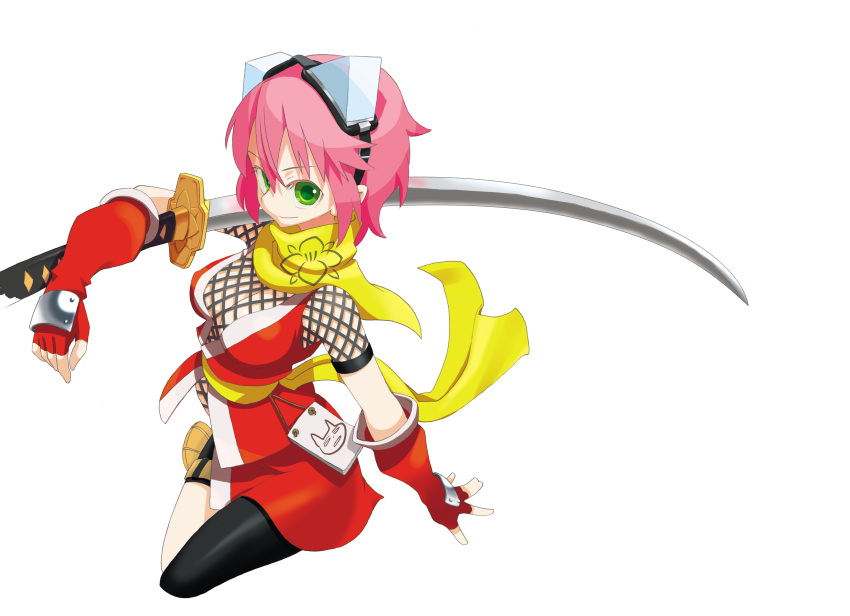 breasts cleavage elbow_gloves fishnets gloves goggles green_eyes highres izuna legend_of_the_unemployed_ninja pink_hair romantic_fool scan scarf short_hair sword vector_trace weapon yoshida_on