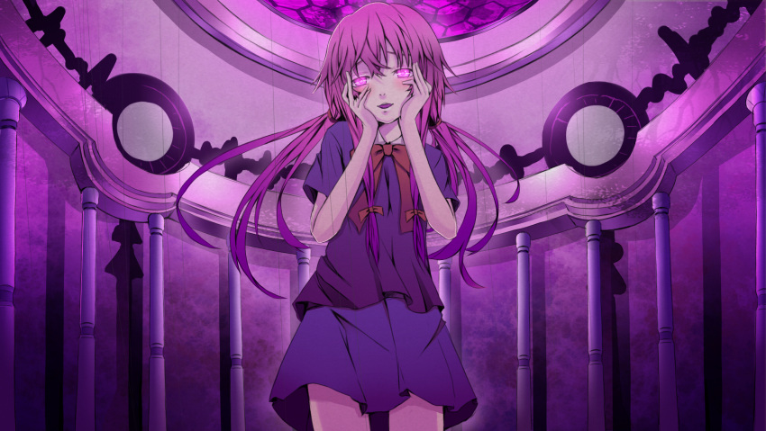 blush bow bowtie gasai_yuno glowing glowing_eyes hair_between_eyes hair_bow hands_on_own_cheeks hands_on_own_face hands_to_face highres long_hair looking_at_viewer miniskirt mirai_nikki open_mouth pink_eyes pink_hair reio_(reio_reio) reio_reio school_uniform short_sleeves skirt solo twintails yandere_trance