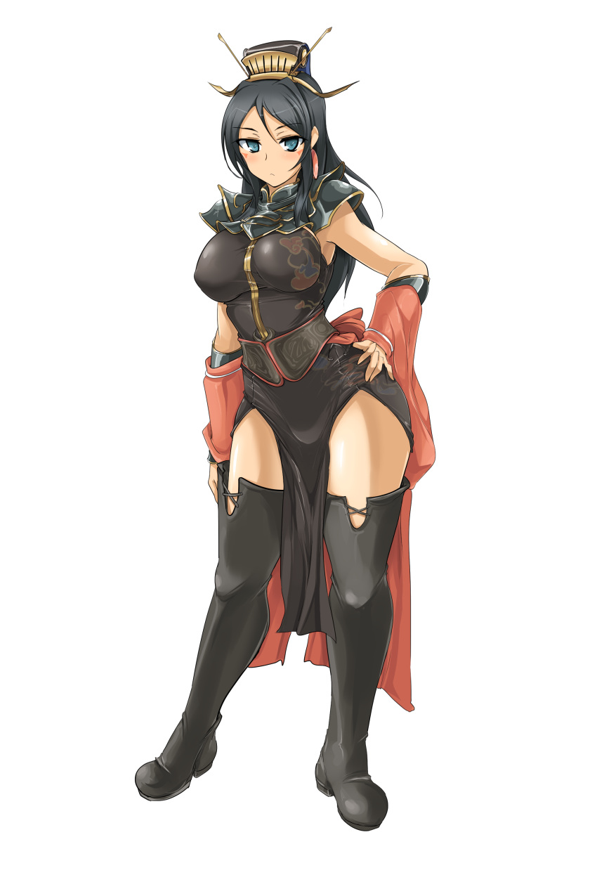 absurdres black_hair black_legwear blue_eyes boots china_dress chinese_clothes curvy earrings facial_mark frown gauntlets hand_on_hip headdress highres hips jewelry legs momio oui sangokushi_taisen solo thick_thighs thigh-highs thigh_boots thighhighs thighs transparent_background
