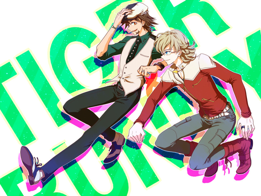 2boys amehote barnaby_brooks_jr belt blonde_hair blue_eyes boots brown_eyes brown_hair cabbie_hat facial_hair glasses hand_on_hat hat jacket jewelry kaburagi_t_kotetsu male multiple_boys necklace necktie ring short_hair stubble studded_belt tiger_&amp;_bunny vest waistcoat wedding_band
