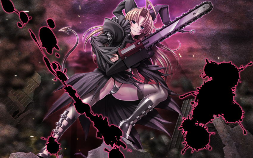 antenna_hair bad_end belt_boots black black_dress black_legwear boots brown_hair building chainsaw dark_persona demon_tail dress dutch_angle evil_smile from_below green_eyes hat highres higuchi_isami kusunoki_sae long_hair looking_at_viewer magical_girl mahou_shoujo_sae official_art smile solo tail thigh-highs thighhighs wallpaper