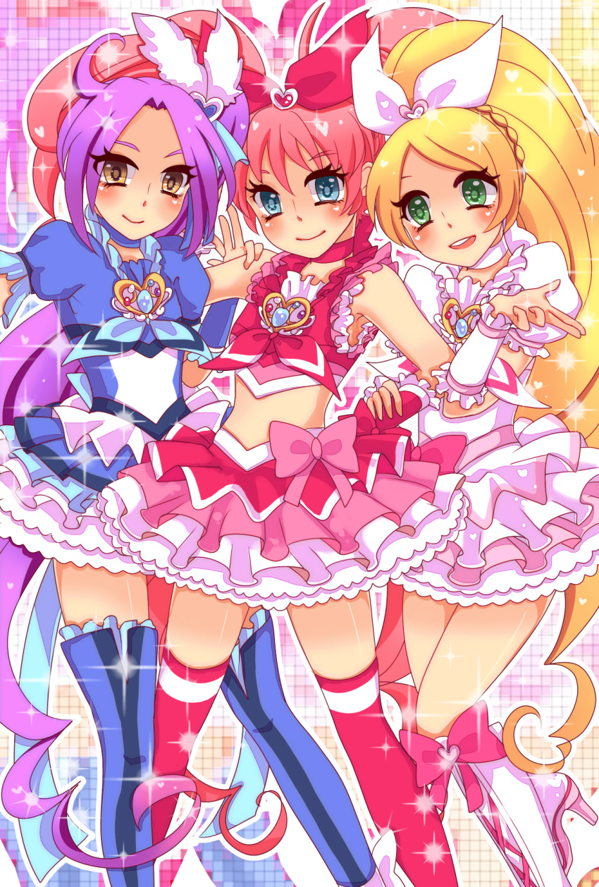 ahoge blonde_hair blue_eyes blue_legwear blush boots bow braid brooch choker cure_beat cure_melody cure_rhythm dress frills gathers green_eyes hair_ornament hair_ribbon hairpin heart highres houjou_hibiki jewelry kurokawa_ellen long_hair magical_girl mamepote midriff minamino_kanade multiple_girls pink_hair pink_legwear precure purple_hair ribbon ruffles side_ponytail siren_(suite_precure) smile sparkle suite_precure thigh-highs thigh_boots thighhighs twintails yellow_eyes