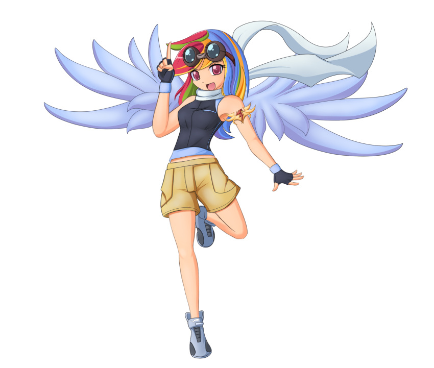 armlet bare_shoulders fingerless_gloves gloves goggles goggles_on_head highres long_hair my_little_pony my_little_pony_friendship_is_magic open_mouth personification rainbow_dash rainbow_hair red_eyes scarf seiryuga shoes shorts smile solo transparent_background wings