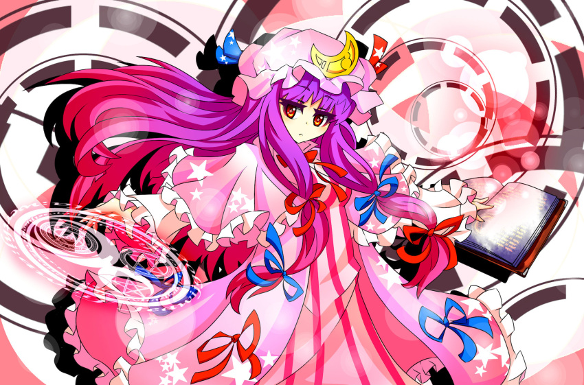 book bow crescent dress frills frown gradient_hair hair_bow hair_ribbon hat highres long_hair magic_circle multicolored_hair patchouli_knowledge purple_hair red_eyes ribbon ryouryou solo star star-shaped_pupils symbol-shaped_pupils touhou very_long_hair