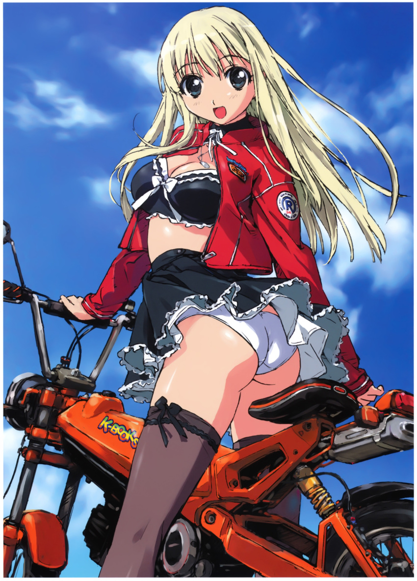 aqua_eyes artist_request ass blonde_hair breasts character_request cleavage copyright_request highres jacket long_hair long_sleeves midriff motor_vehicle motorcycle open_mouth outdoors panties skirt solo takamura_kazuhiro thigh-highs thighhighs underwear vehicle white_panties