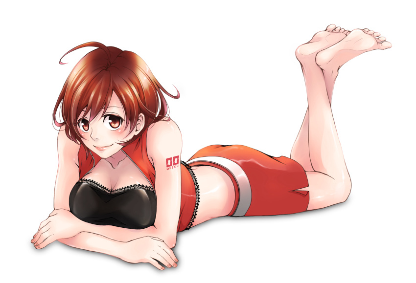 ahoge barefoot breasts brown_eyes feet greenishrose highres large_breasts legs lips lying meiko on_stomach red_eyes short_hair simple_background skirt smile soles solo tattoo vest vocaloid