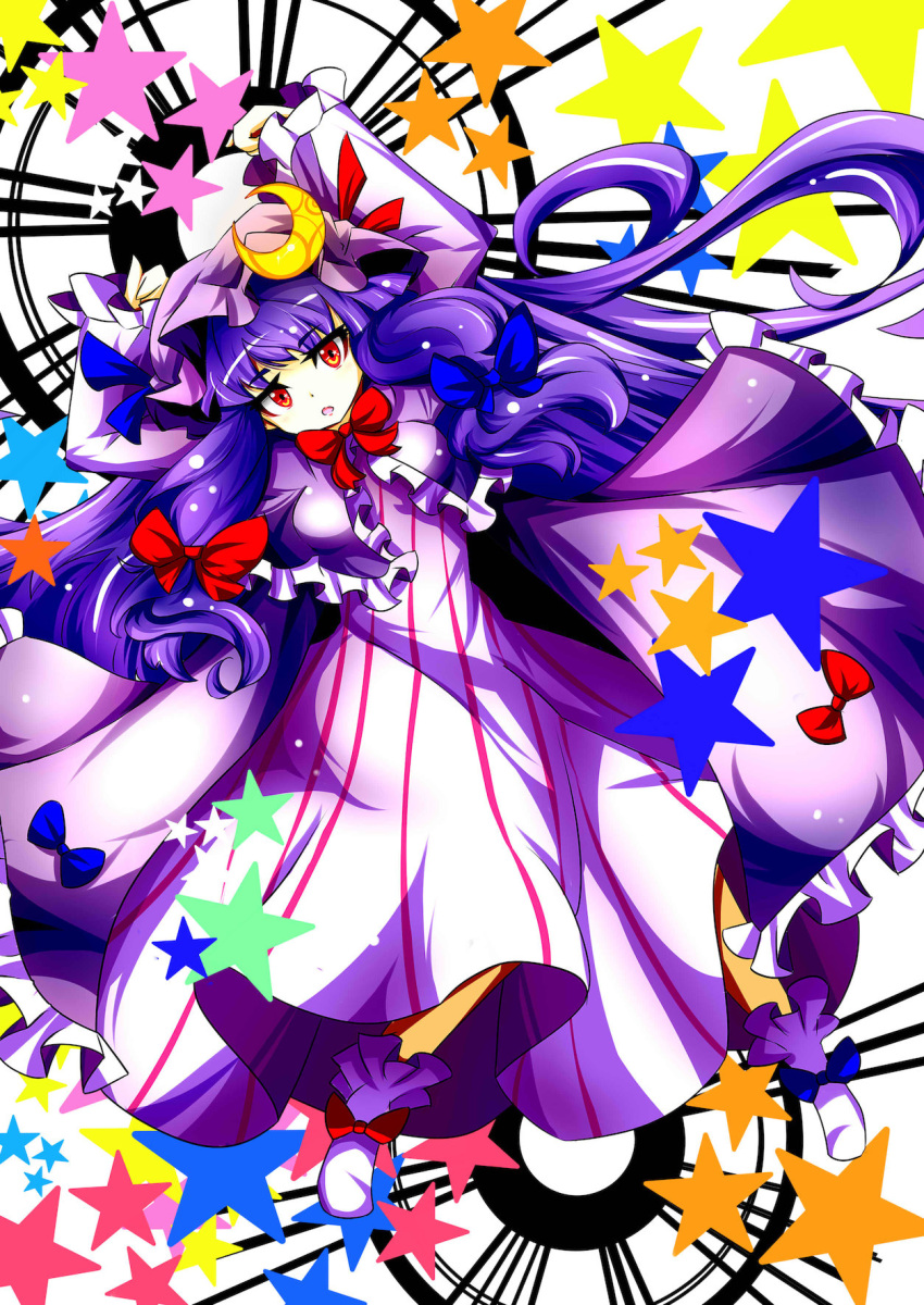 bow breasts crescent dress hair_bow hair_ribbon hat highres long_hair open_mouth patchouli_knowledge purple_hair red_eyes ribbon ryouryou solo star touhou very_long_hair