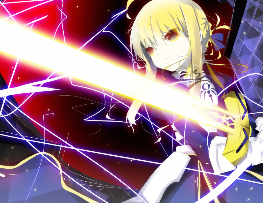 absurdres ahoge armor armored_dress bad_id blonde_hair brown_eyes dress excalibur fate/stay_night fate_(series) gauntlets glowing glowing_sword glowing_weapon hair_ribbon highres ribbon saber senya_fuurin solo sword weapon