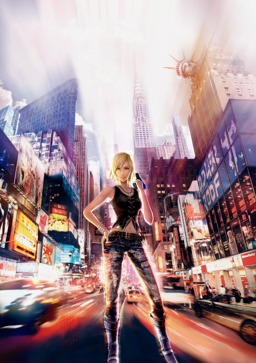 aya_brea bare_shoulders blonde_hair blue_eyes boots bracelet city city_lights gun hand_on_hip handgun highres hips jeans jewelry landmark midriff motion_blur navel necklace new_york official_art parasite_eve parasite_eve_the_3rd_birthday pistol short_hair square_enix statue_of_liberty torn_clothes weapon
