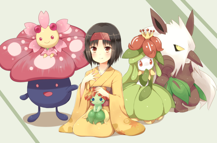 1girl bellossom black_hair brown_eyes cherrim erika_(pokemon) furisode hairband highres japanese_clothes kimono lilligant moe_(hamhamham) pokemon pokemon_(creature) pokemon_(game) pokemon_gsc pokemon_hgss seiza shiftry sitting smile vileplume