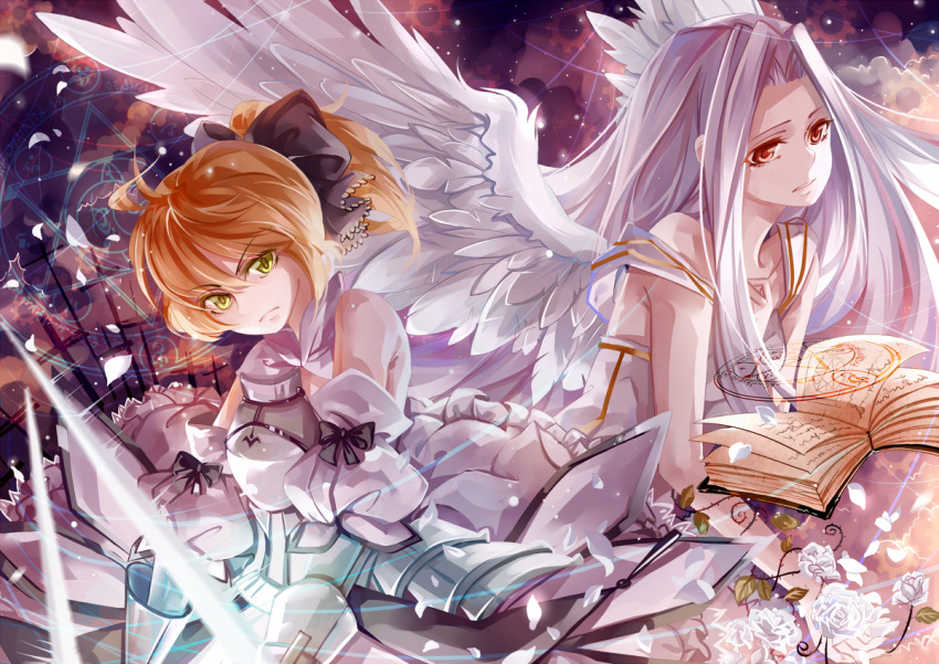 2girls ahoge angel angel_wings armor armored_dress bad_id bare_shoulders blonde_hair book bow detached_sleeves dress fate/stay_night fate/unlimited_codes fate/zero fate_(series) flower gauntlets green_eyes hair_bow hair_ribbon instocklee irisviel_von_einzbern long_hair magic_circle multiple_girls ponytail red_eyes ribbon rose saber saber_lily white_hair white_rose wings