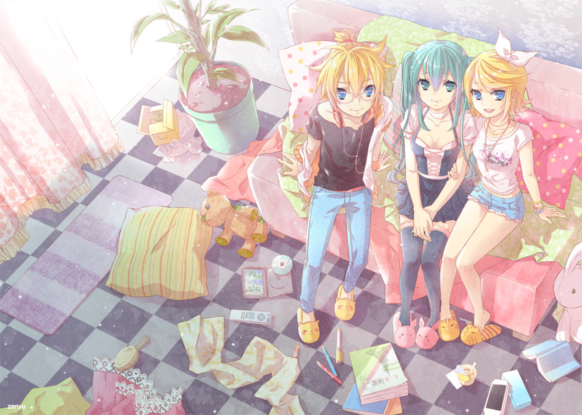 aqua_hair bespectacled blonde_hair blue_eyes book bow bracelet checkered collarbone couch dvd from_above glasses hair_bow hair_brush hatsune_miku headphones jeans jewelry kagamine_len kagamine_rin necklace pen pencil perspective pillow plant potted_plant remote short_shorts shorts siblings sitting skirt slippers smile stuffed_animal stuffed_toy teddy_bear thighhighs twintails vocaloid zenyu