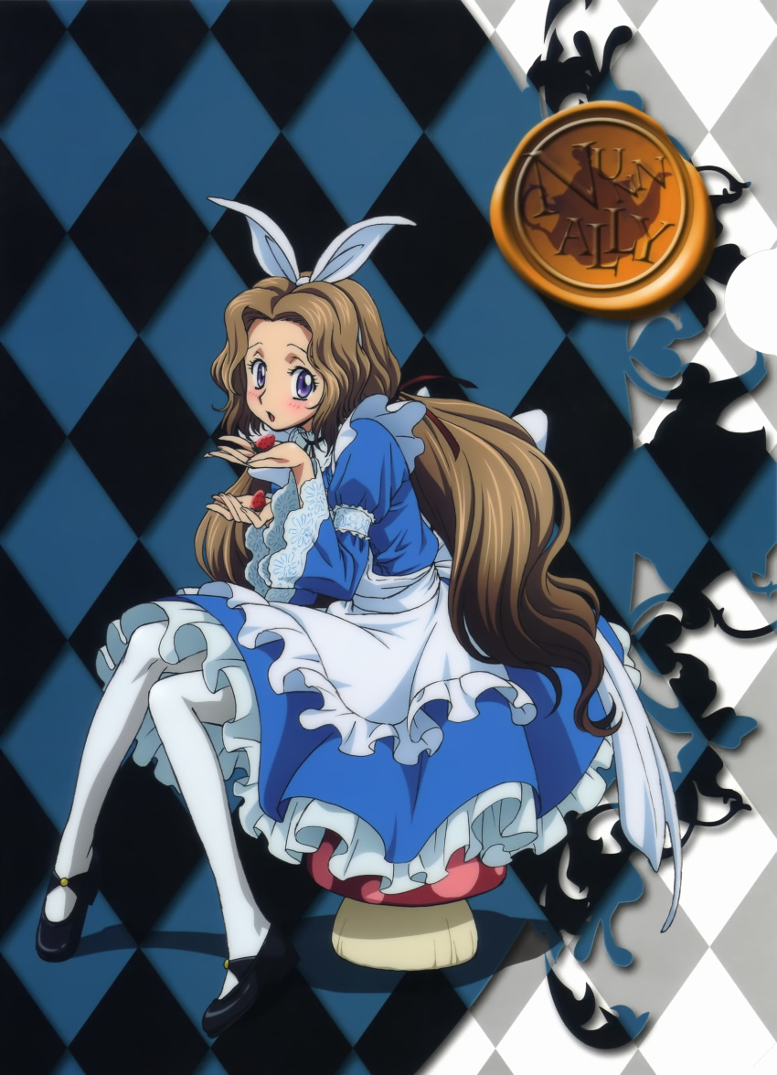 alice_in_wonderland brown_hair code_geass dress food fruit hair_ribbon highres kimura_takahiro mary_janes nunnally_lamperouge pantyhose purple_eyes ribbon shoes sitting strawberry thigh-highs thighhighs violet_eyes white_legwear